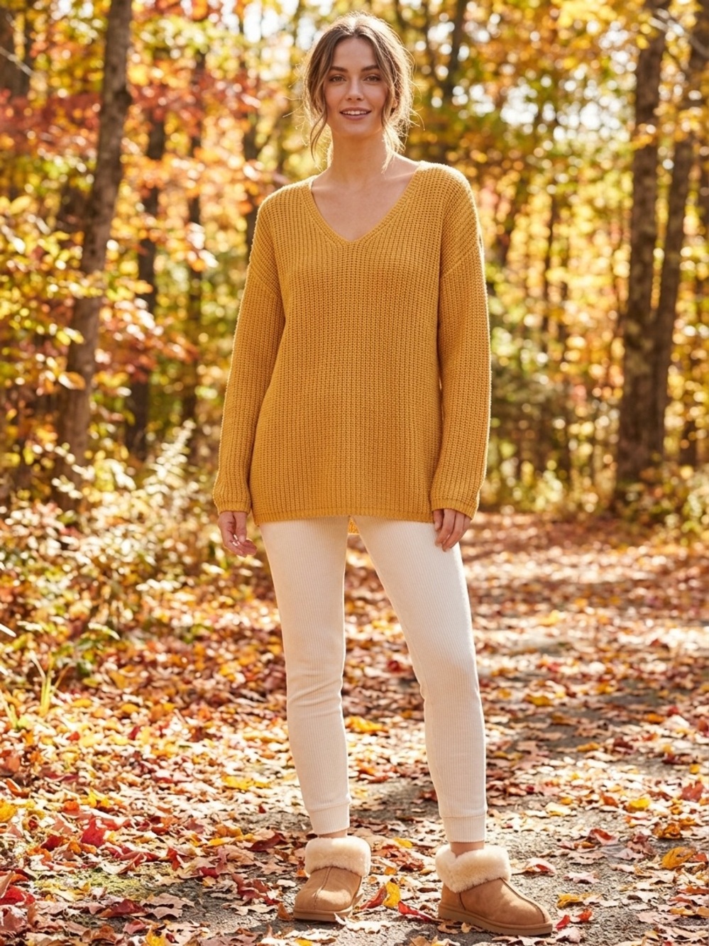 Cozy V-Neck Knit Sweater in Mustard Yellow